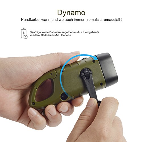Dynamo Taschenlampe Handkurbel & Solar Notfall-Taschenlampe mit Karabiner Clip für Outdoor Camping Klettern Wandern - 3