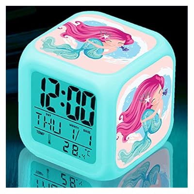 Kids Alarm Clock, 7 Color Digital Wake Up Clocks With 8 Alarm Sounds, Led Night Light Clock With Date Calendar Temperature For Students Boys Girls (little Mermaid)