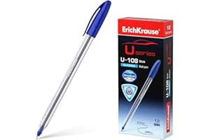 Erich Krause U-108 Classic Ballpoint Pen 0.3 mm Pack of 12 Blue - Easy and Soft Writing - Slim Shape & Transparent - Pens & Desk Accessories