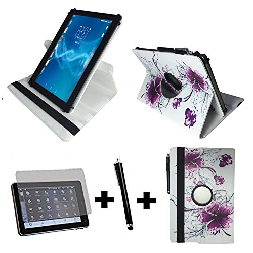 3er Starter Set für Aldi - MEDION LIFETAB X10302 MD 60347 Tablet PC Tasche + Stylus Pen + Schutzfolie - 10.1 Zoll Lila Blumen 360_