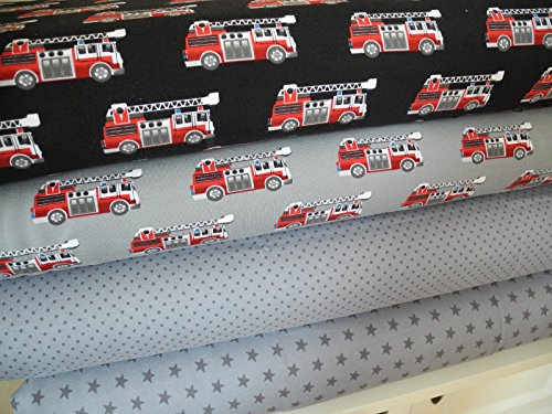 Lottashaus Jersey no69 Stoffpaket 4 Stück 50x70cm Feuerwehrauto Feuerwehr Auto Grau Tupfen Sterne Baumwolljersey Kinder Kleidung Stoffe