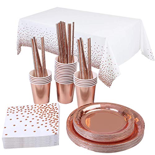 Topways® Rose et Or Lot Gobelets et Assiettes Jetables, Nappe de Table Assiette Dîner Tasse Serviette Papier Goblets en Papier Pailles Fête Anniversaire Kit Rose Gold 16 Invités