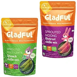 Gladful Protein Sprouted lentils & millets Instant Chilla - Dosa Mix, Natural healthy protein & fiber-rich food for kids and families, 200 g (Pack of 2, Beetroot & Spinach)