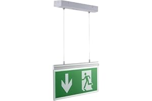 Biard 2.8W LED Green Double-Sided Hanging Emergency Exit Sign Light - Down/Left/Right Arrow - Maintained/Non-Maintained - Commercial Safety Lighting for Warehouses with 3 Hour Battery Backup