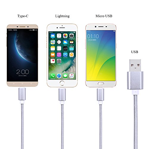 iProtect 3in1 Highspeed Ladekabel u Datenkabel aus Nylon mit USB-C, Micro USB und Apple Lightning Anschluss in Silber - 5