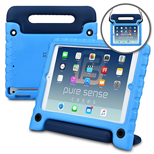 Apple iPad Air 1 Hülle für Kinder, PURE SENSE BUDDY robust antibakteriell keimfrei Schultergurt strapazierfähig Kinder widerstandsfähig stoßsicher Spielzeug Schutz tragbar Schutzhülle + Griff, Standfunktion, Displayschutz (Blau)