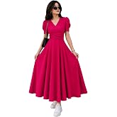Preneum Girl's & Women's Solid Color V-Neck A-Line Maxi Dress for Women | New Year Party Outfit | Waist Cinched Puff Sleeve W
