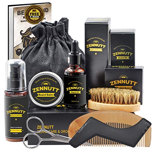 Complet Kit Entretien Barbe Coffret Homme Soin Barbe Avec Conditionneur de Barbe Libre,Huile Barbe,Peigne Barbe Homme,Brosse a Barbe,Ciseaux Barbe,Baume Barbe,Cadeaux Saint Valentin pour Homme