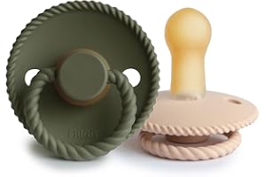 FRIGG Rope Schnuller 2 Packung | Latex Schnuller |BPA-Frei |Hergestellt in Dänemark | Symmetrischer Sauger in Kirschform (Croissant/Olive, Größe 2 (6-18 Monate))