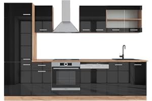 Vicco Livinity cucina componibile R-line, Antracite lucido/oro power oak, 300 cm, PT Rovere