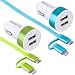 Produktbild NINETEC® 3.1A Dual Auto Ladegerät Zigarettenanzünder 2x Smart IQ USB 2in1 Ladekabel Blau + Grün Lightning für Apple und Micro-USB für Android Geräte
