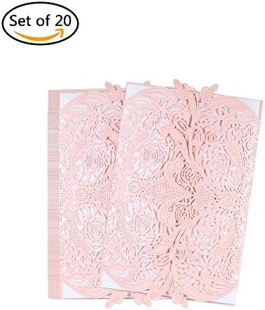 Laser Cut Invitation Kits, 20pcs Flora Invitations Cards with Empty Printing Paper for Engagement Wedding Birthday Party, Baby Shower, Graduation M pink