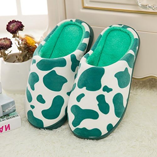 Autumn and winter home cotton slippers men and women indoor couple slippers cows warm plush slippers, 38-39 (for 36-37), green fruit cows
