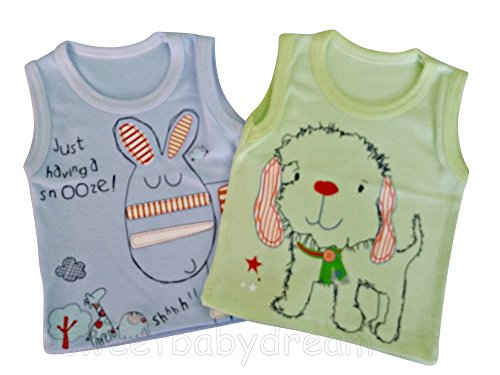 Baby Unisex Summer Sleeveless Tops - 2 pack 100% Cotton 3-6 months.