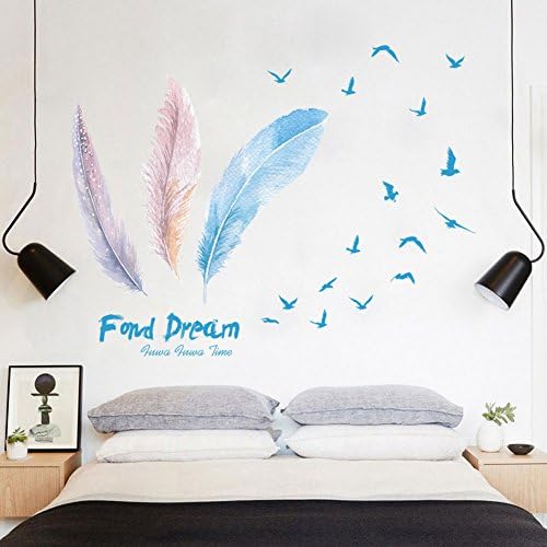 Wallpark Romantic Colorful Pink Blue Feathers Flying Birds Removable Wall Sticker Decal, Living Room Bedroom Home Decoration Adhesive DIY Art Wall Mural