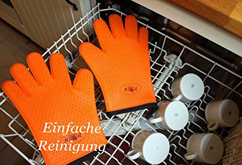 BBeeQ Ofenhandschuhe Silikon und Baumwolle 2er Set – hitzebeständig bis 300°C – zum Grillen, Kochen, Backen – Topfhandschuhe, Backhandschuhe – Orange - 4