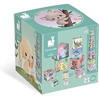 Janod - Pyramide Carrée les Animaux Tous Mignons - Jouet d'Eveil et Premier Age - Jouet d'Empilement et d'Encastrement - Appr