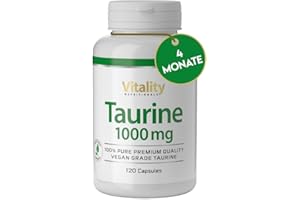 ‎VITALITY NUTRITIONALS Taurin Kapseln 1000 mg. 4 Monate 1 Kapsel Pro Tag. Taurin Kapseln Hochdosiert. Pre Workout Ohne Koffein, Aminosäuren, Frei von Laktose, Gluten und Hefe, Vegan. Vitality Nutritionals by VitaminExpress