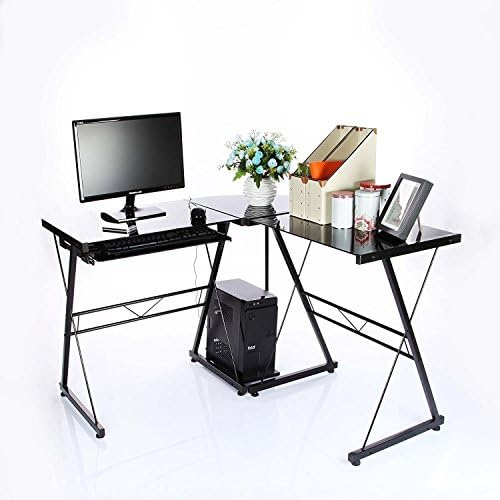 Corner Desk - Black Glass & Metal, Small L-Shaped Desk for Home Office. High Quality Home Office Furniture. Elegant & Stylish Design