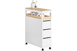 ‎SOBUY SoBuy Badezimmerschrank mit Rollen, Schmal Badschrank mit 3 Schubladen, Kompakte Kommode aus Holz, Nischenschrank für kleine Bäder, WC en Küche, Weiß, 65x23x82cm BZR54-W