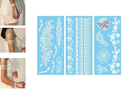 NOVAGO 3 Planches de 20x10 cm de Tatouages éphémères Blancs motifs variés, idéal mariage ou soirée