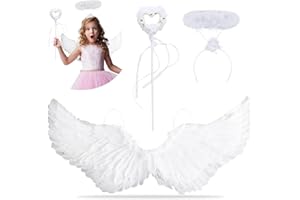 XLZJYIJ Engelflügel Weiß, 3 Stück Weiß Federnflügel mit Heiligenschein und Zauberstab,60 cm Weiß Engel Kostüm Set, Engel Flügel Kinder für Cosplay Karneval Halloween Party Fasching Kostüme