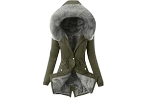FUPODD Wintermantel Damen Mittellang Winterjacke Warm Gefüttert Fleece Parka Mantel Mit Kapuze Kunstpelzkragen Jacke Frauen Winter Winterparka Verdickene Outdoor Übergangsjacke Mit Knöpfen Zipper