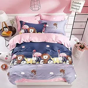 Girishas Trend 210 Tc Designer Cotton Animals Print Double Bedsheet with 2 Pillow Covers for Kids Room(Navy Blue)