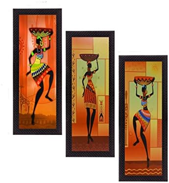 eCraftIndia 'Tribal Women Figurine' UV Art Painting (Synthetic Wood, 53 cm x 41 cm, Set of 3, Satin Matt Texture, C3FPB2129_A, Multicolour)