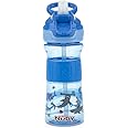 Nuby Thirsty Kids Push Button Flip-it Soft Spout on The Go Water Bottle with Easy Grip Band, Blue Sharks, 12 Oz
