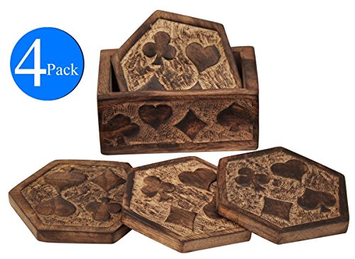 icrafts Set von 4 Mangoholz Getränke Untersetzer mit Halter 10,2 cm ? Handarbeit Casino Untersetzer für Gläser/Bar & Esstisch Zubehör/Bier Dosen