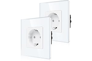 CNBINGO pojedyncze gniazdko podtynkowe w kolorze białym, 2 sztuki, z zabezpieczeniem przed dziećmi, 16 A, styk ochronny, gniazdko ścienne ze szklaną ramą