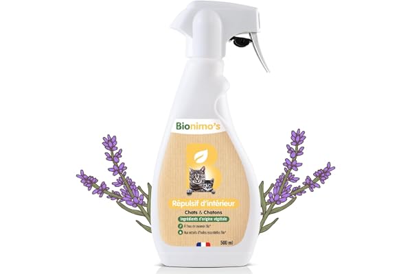 Bionimo's Spray Répulsif Intérieur, Anti-Griffes Chats & Chatons, Naturel et Végétal (Canapés Tissu et Cuir, Tapis, Rideaux, Plantes). Eau de Lavande Bio et Huiles Essentielles Bio. 100% Français.