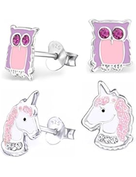 GH1a 2 PAAR Kristall Einhorn + Eule Ohrstecker 925 Echt Silber Mädchen Kinder Ohrringe