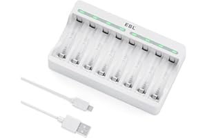 EBL 9010 AA AAA Caricabatterie Indipendenti con 8 Slot, Caricatore con 5V 2A Funzione di Ricarica Rapida per AA e AAA NI-MH Batterie Ricaricabili