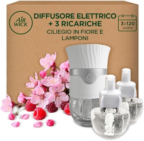 Air Wick Diffusore Elettrico di Oli Essenziali, 1 Diffusore Elettrico Gadget e 3 Ricariche, Fragranza Fiori di Ciliegio e Lamponi, 1 Diffusore e 3 Ricariche x19ml