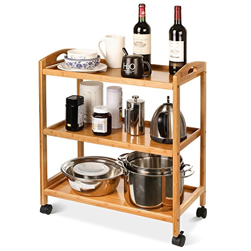 comprare on line HOMFA Carrello Cucina in Legno di Bambù Portaposate 3 Livello, Carrellino Bamboo Portavivande Carrello da Portata 60.5 × 33 × 73cm Carico 75KG prezzo