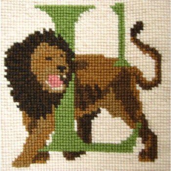 Elizabeth Bradley designs alphabet kit letter L- lion . 15cm design printed on 10 hpi 25cm square single hole canvas .all wools ,colour chart and instructions included to complete in crosstitch in wool