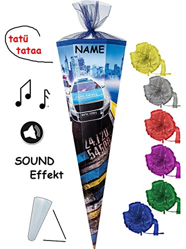 mit SOUND Effekt ! - Schultüte - Polizei Auto - mit Strass - 70 / 85 cm incl. NAMEN und Schleife - Zuckertüte ALLE Größen - mit / ohne Kunststoff Spitze Spitze - rund - 12-eckig - Nester - für Jungen - Polizeiwagen - Polizist - Autos / Fahrzeuge - Blaulicht
