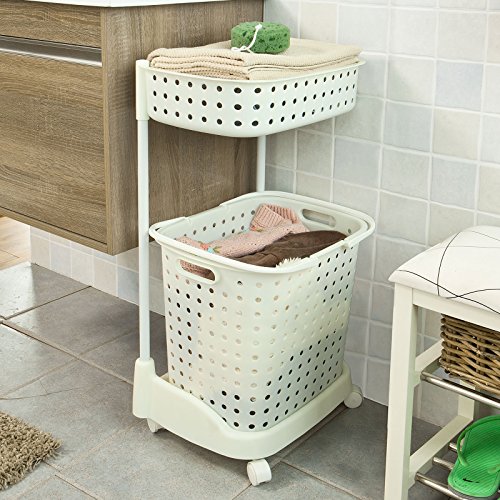 SoBuy® Wäschewagen, Badregal, Aufbewahrungswagen, Wäschesammler, Wäschebox, Wäschekorb mit 2 Körben, FRG30-W - 2