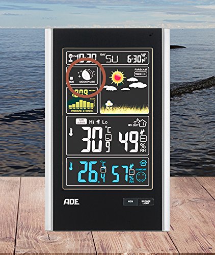 ADE Wetterstation WS 1600 mit Funk und Außensensor – digitale profi Funkwetterstation in schwarz – präzise Vorhersage der Innen- und Außen-Temperatur – mit großem Farb-Display, USB-Port und 1 Sensoren - 5