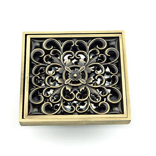 Owfeel Tapa de desagüe de ducha con filtro extraíble, latón, diseño hueco, flor