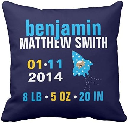 Custom Puppy Dog in a Rocket Ship Baby Birth Announcement Throw Pillow Cover Home Decorative Personalized Canvas Cushion Cover for Baby Nursery Room 16 x 16 Inches One Side
