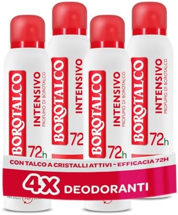 Borotalco, Deodorante Spray Intensivo, Formula Senza Alcool e con Talco a Cristalli Attivi, Ipersudorazione, Profumo di Borotalco, 72h di Efficacia, 4 x 150 ml