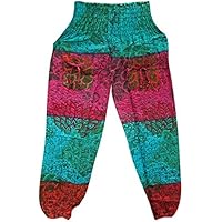 Mogul Interior Women's Green/Red Harem Pant Yoga Smocked Waist Baggy Blue Trousers