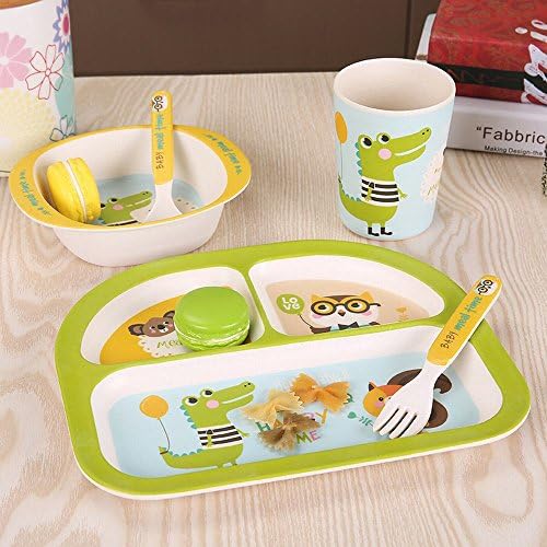 FJM Bamboo Fiber Green Children 'S Tableware Set Household Cartoon Grid Plate Tableware Baby Bowl Fork Spoons Five - Piece Set,Green