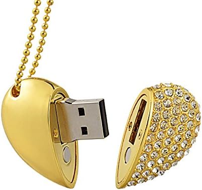 MAXINDA 64GB Crystal Heart USB Flash Drive 2.0 Memory Stick with Necklace (Gold)