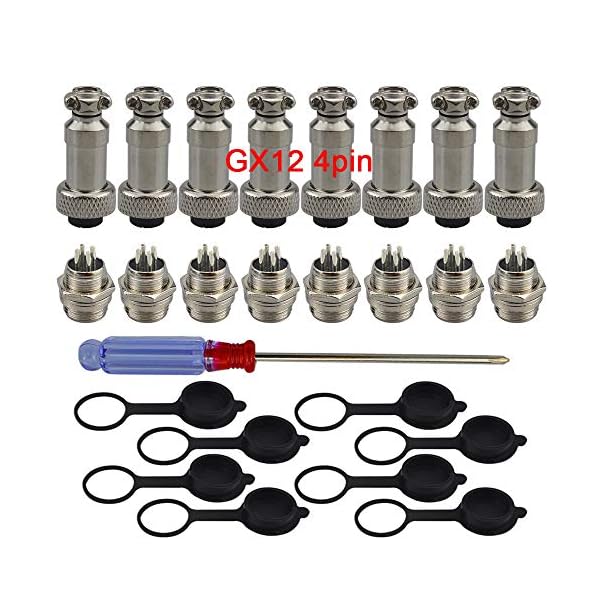 FULARR® 8Pcs Premium GX12-4 Pin Aviation Stecker Adapter, 5A 12mm Gewinde Männlich Weiblich Metall Luftfahrt-Stecker Drahtverbinder Kit, mit Gummi Schutzkappe und Phillips Schraubendreher【MEHRWEG】