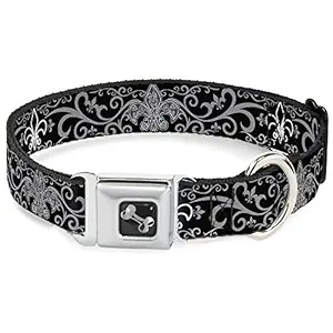 Buckle-Down DC-W30611-L Seatbelt Dog Collar, Large, Fleur-de-Lis w/Filigree Black/Gray