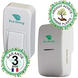 EcoDring Sonnette sans Fil sans Pile ECO ✮ Garantie Française 3 Ans ✮ portée jusqu'à 80 mètres, résistant à l'eau IPX7 + Stickers pour nom + phosphorescents 25 mélodies